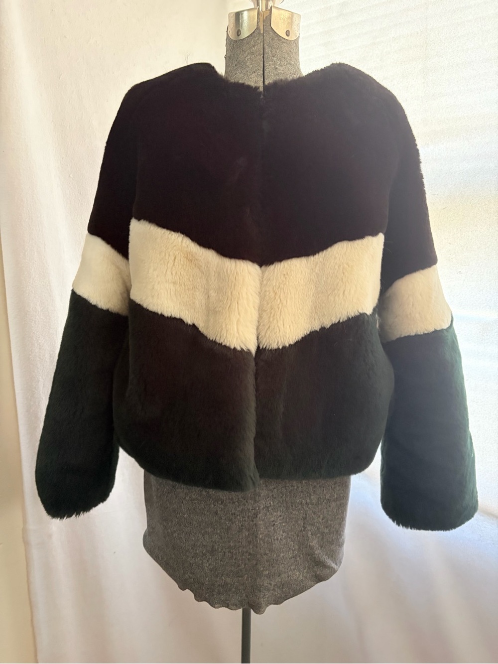 Apparis Brigitte faux fur colorblock chevron jacket coat black, white, and green
